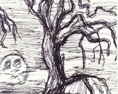 ACEO original pen sketch / Spooky Tree