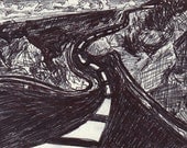 ACEO original pen sketch / Black and white mountain highway
