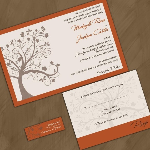 Custom Wedding Invitations - Fall Maple Tree - Rich Autumn Wedding Invitation Suite with RSVP cards and address labels
