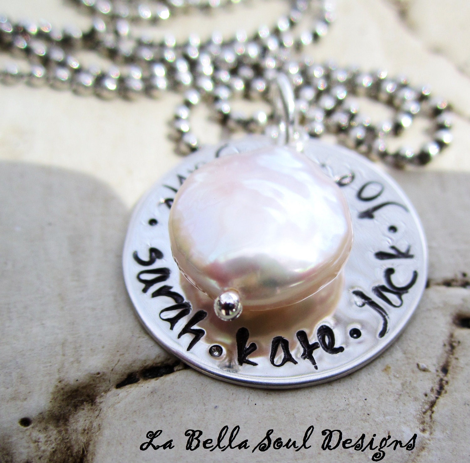 Personalized Handstamped Sterling Silver Coin Pearl Grandma, Mothers Necklace