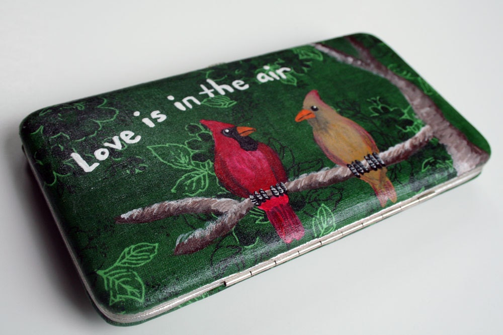 Handpainted Songbird Clutch Wallet- Cardinals in Love
