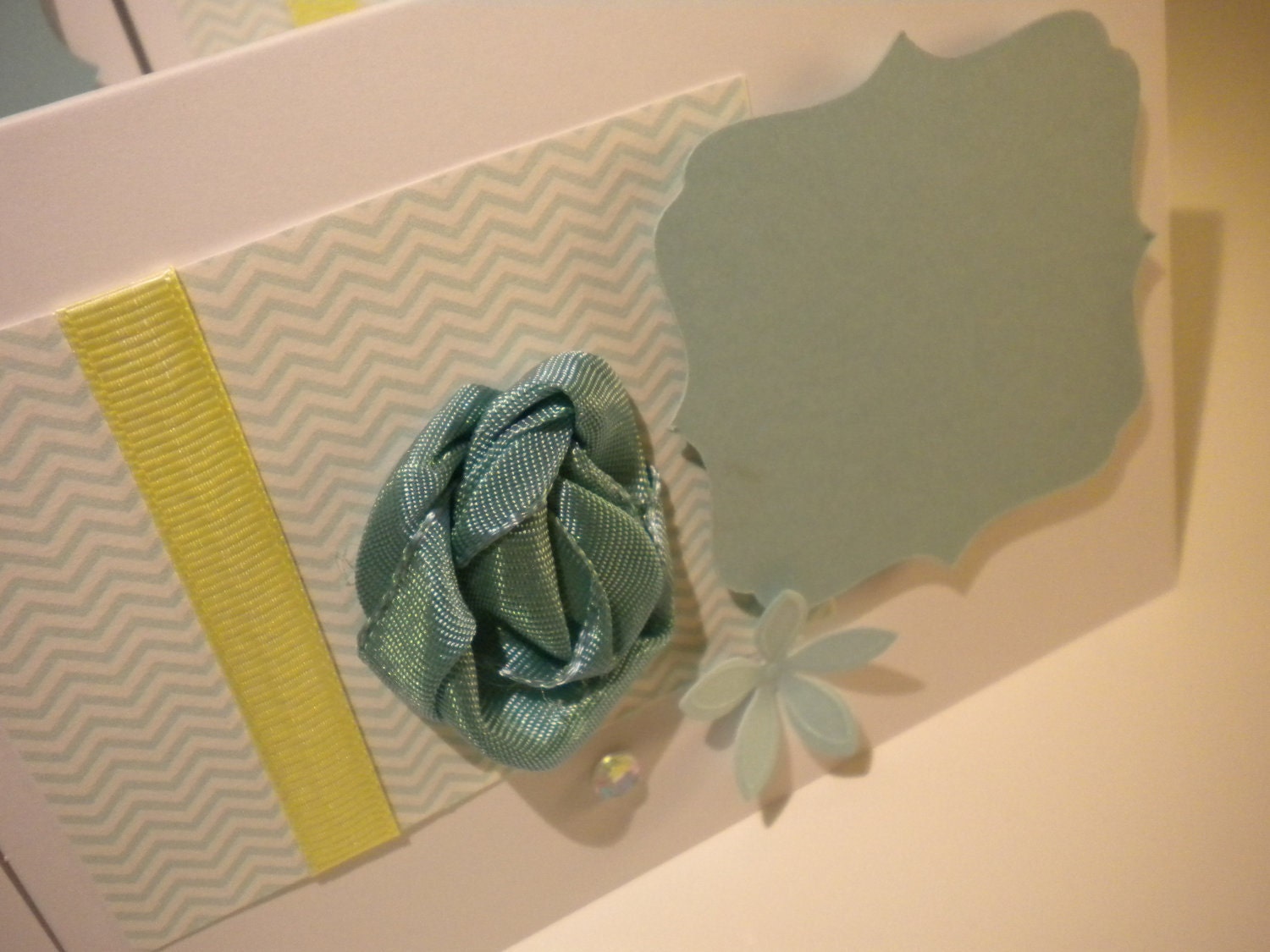The Sierra Light Aqua and Pale Yellow Chevron Note Cards with rosette, flower and rhinestone - SET of 6