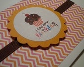 Happy Birthday Cupcake - Pink and Orange Chevron with Orange, Fuschia, Brown accents - Invitations - Note Cards