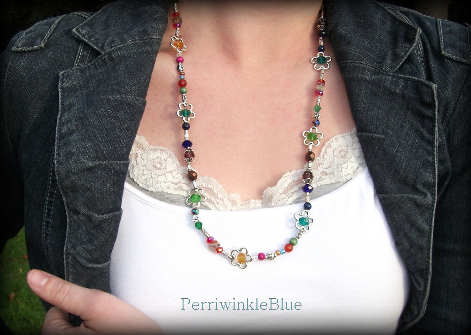 70's Retro Multicolored  Long Necklace with Crystals in Silver Flowers