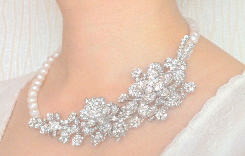 My Fair Lady - Freshwater Pearl  and Rhinestone Bridal Necklace