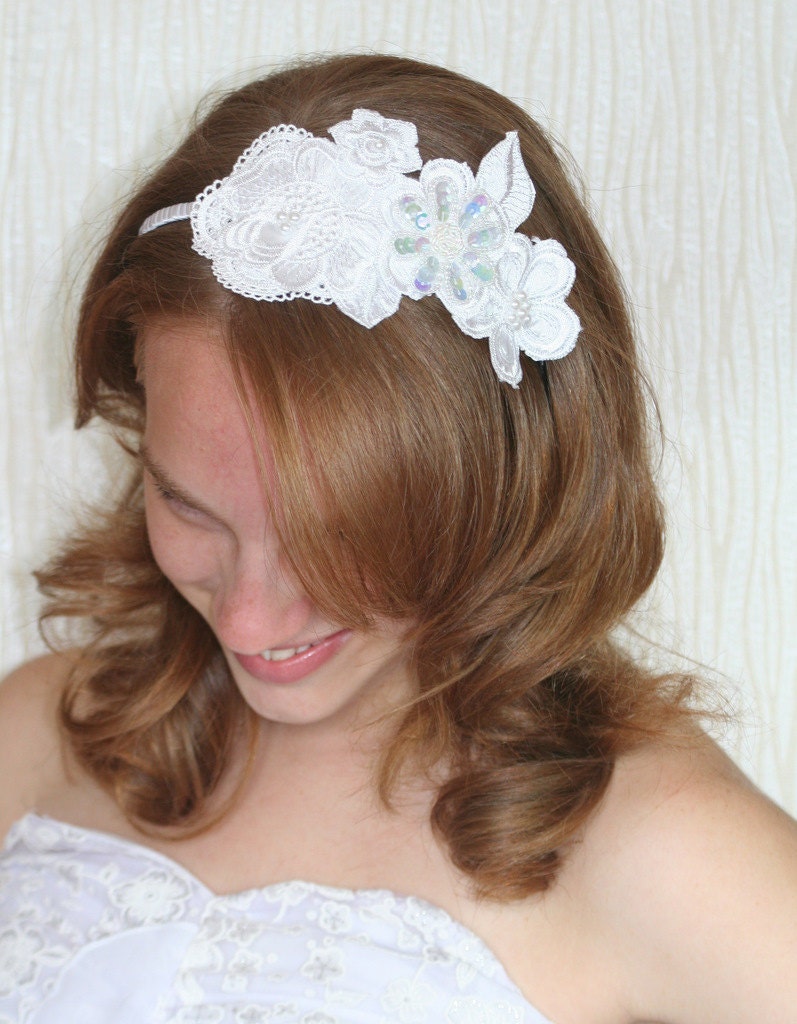 Ostianne - White Pearl Beaded Lace Flower  Bridal Head Band