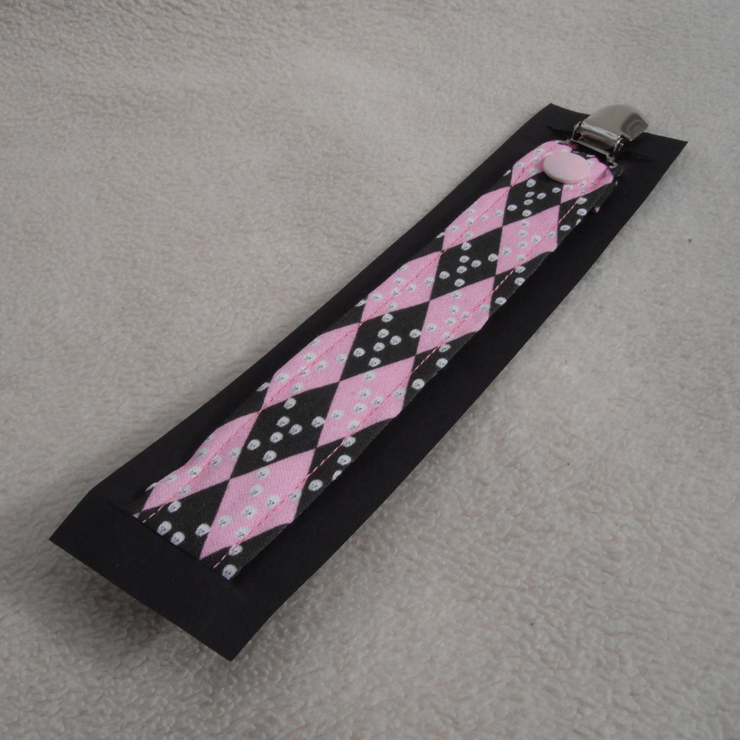 Fabric Pacifier Clip Light Pink and Black Plaid Print - Universal Soothie Nuk Mam Gumdrop Avent