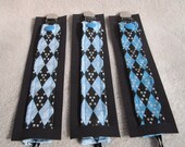 3 pc Fabric Pacifier Clips - Lt Med Dark Blue Aqua and Black Plaid Small Skull Print - Universal Soothie Nuk Mam Gumdrop Avent