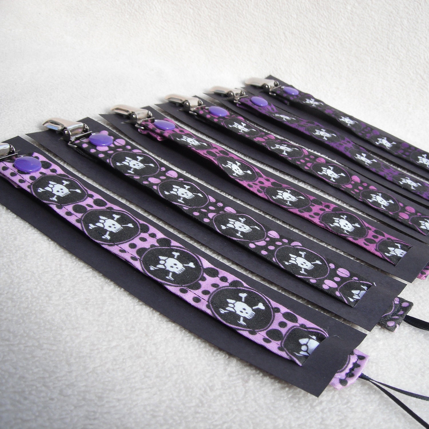 6 pc Twins Fabric Pacifier Clips - Light Medium Dark Purple Black with Bubbles and Dots Design and Girl Skulls Print