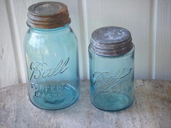 Quart and Pint Size Blue Ball Mason Jars With Zinc by RawVintage