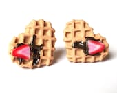 Kawaii Heart Waffle Earstuds Chocolate and Strawberry Funny Jewelry Silver Earrings