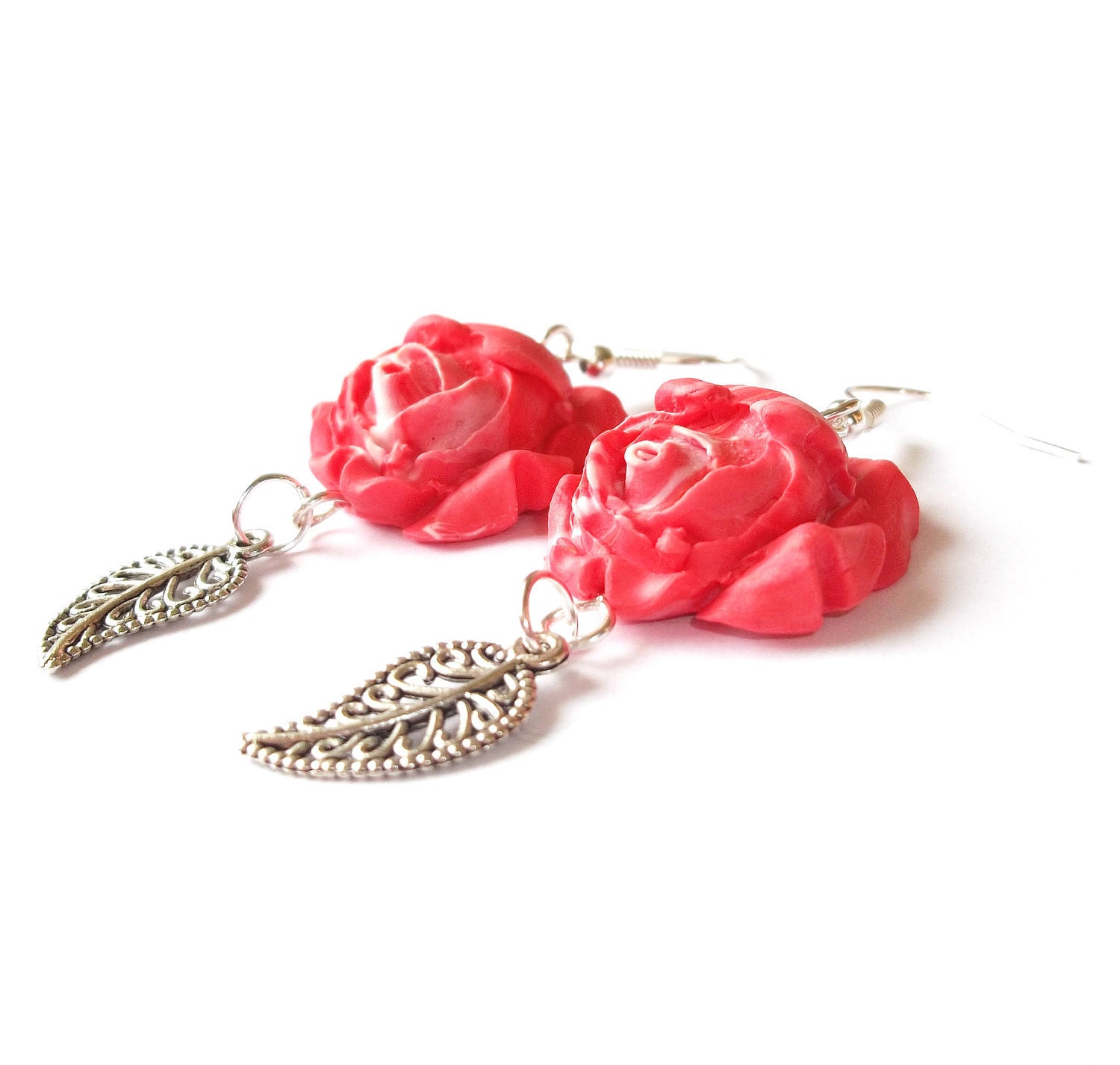 Earrings with Red Orange Roses and Silver Leaves. Polymer Clay, Silver Earrings