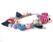 Silver Bracelet Charm Bracelet Pink Roses Blue Leaves. Polymer Clay Rosary Jewelry Bracelet For Women Fashion Jewelry