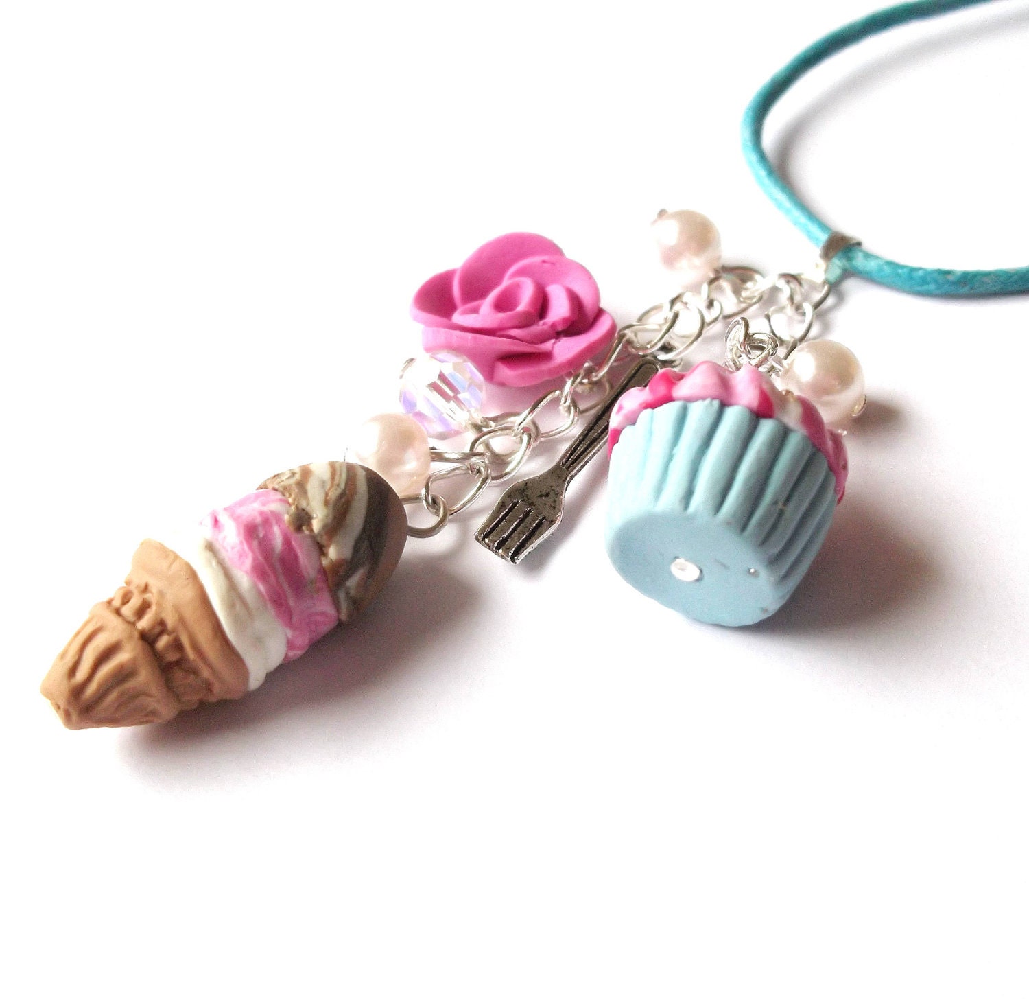 Funky Jewelry Silver Necklace Ice Creams Vanilla, Strawberry and Chocolate, Pink Rose, Raspberry Cupcake, Pearls and Swarovski Crystals