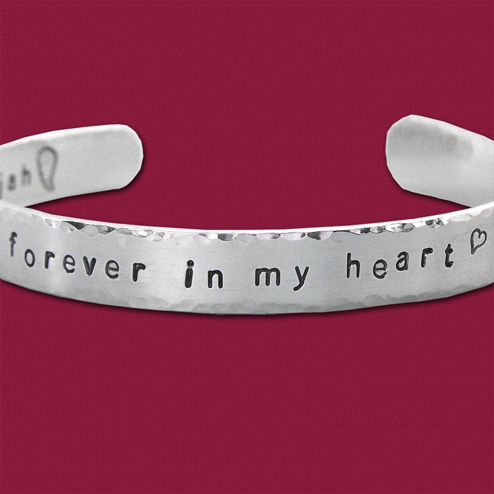 Personalized Remembrance Bracelet - Sterling Silver Cuff - Hand Stamped - Forever in my heart - Five Sixteenths Inch