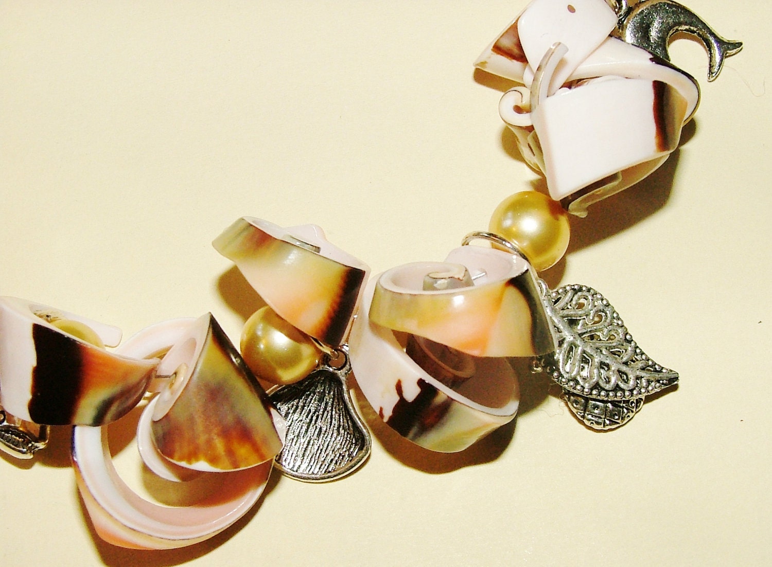 Mermaid Charm Bracelet - 8mm Gold Swarovski Crystal Pearls - Sea Shells - Charms