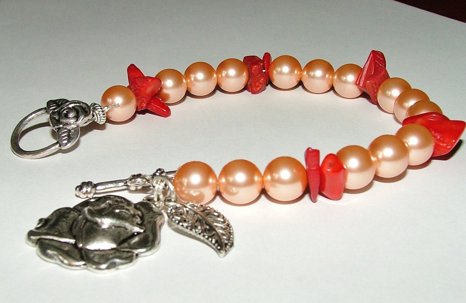 Rosie Peach Swarovski Crystal Pearl Charm Bracelet 8mm Pearls with Red Coral