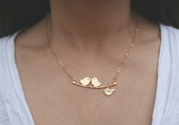 Bird Necklace. Love Bird Necklace. Family Bird Necklace. Gold Necklace. Love Birds on a Branch Necklace. Frienship. Sister. Mother.
