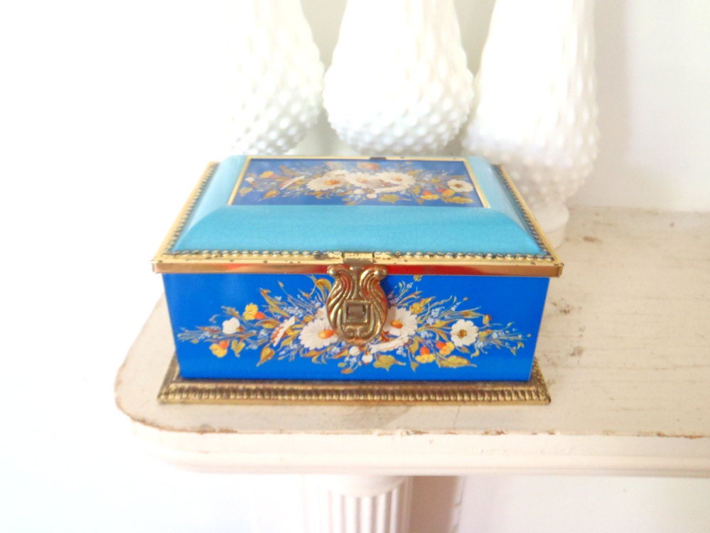 Tin Box Vintage Metal Chest Blue Treasure Chest