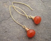 Carnelian Gemstone Earrings, Gold Dangle Earrings, Wire Wrapped Orange Gemstone Earrings