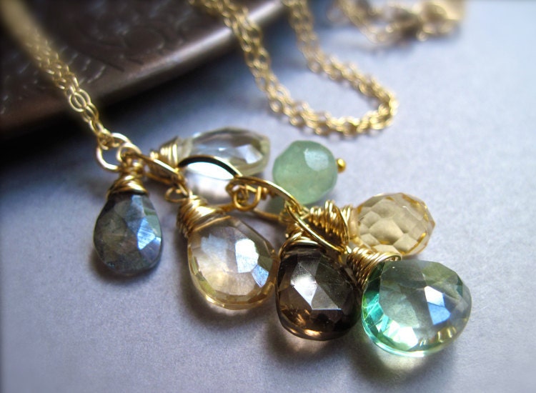 Gemstone Waterfall Necklace, 14K Gold Filled, Green Amethyst, Quartz, Citrine, Smoky Quartz, Labradorite and Aventurine Gemstone Necklace