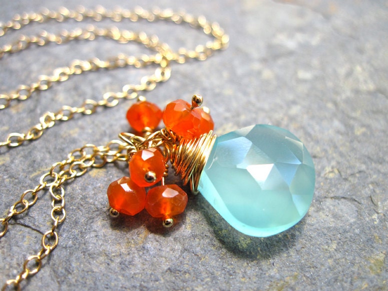 Aqua Chalcedony and Carnelian Gemstone Necklace in 14K Gold Fill, Gold Gemstone Necklace, Orange Aqua Blue Stone Necklace