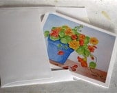 Spring botanical garden Nasturtium flowers watercolor card nectarine orange