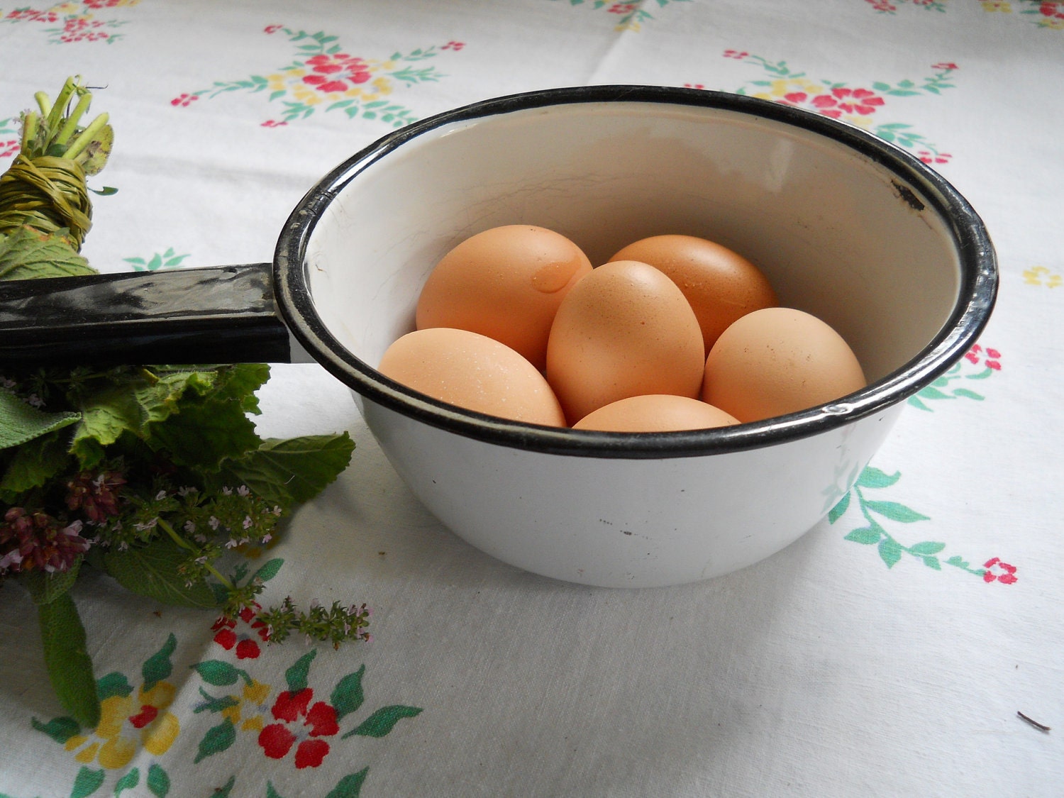 Small White Enamelware Sauce Pan