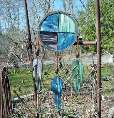 Stained Glass Suncatcher / Unique Panel - Native American Inspired - Earthy Colors - Glass Feathers hang on beaded Suede - Large 13 inches