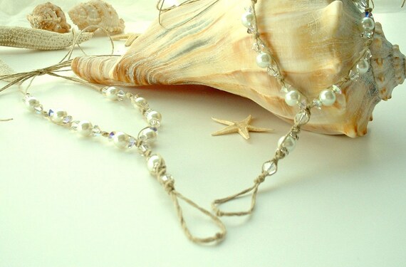 Bridal BAREFOOT SANDALS Crystals Pearls White Wedding Shoe Beach Footwear Toe Thong