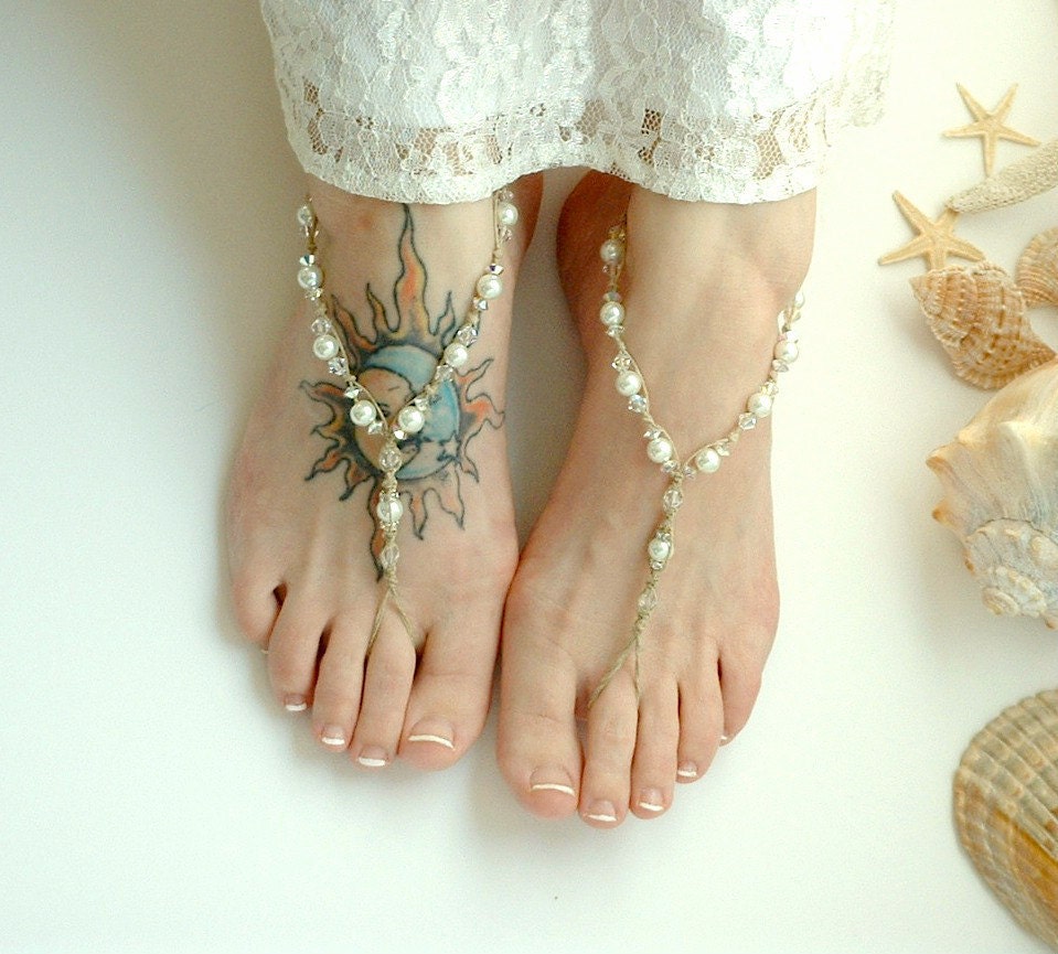 Bridal BAREFOOT SANDALS Crystals Pearls White Wedding Shoe Beach Footwear Toe Thong