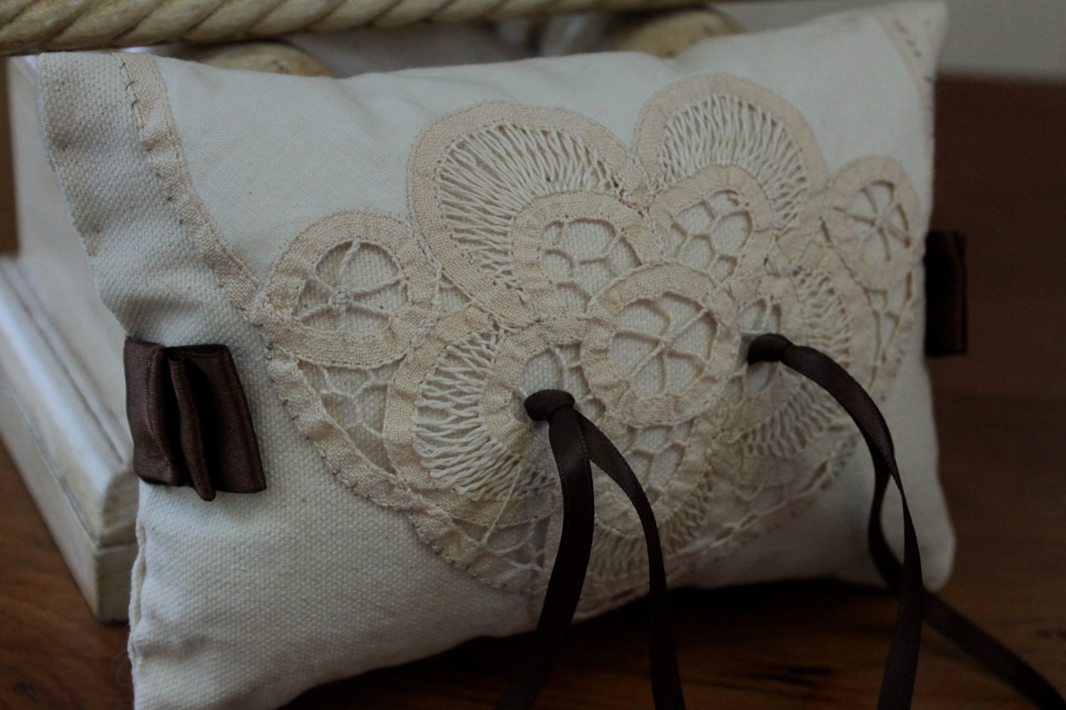 OOAK Ring Bearer Wedding Pillow Victorian Tatted Lace Brown Satin.