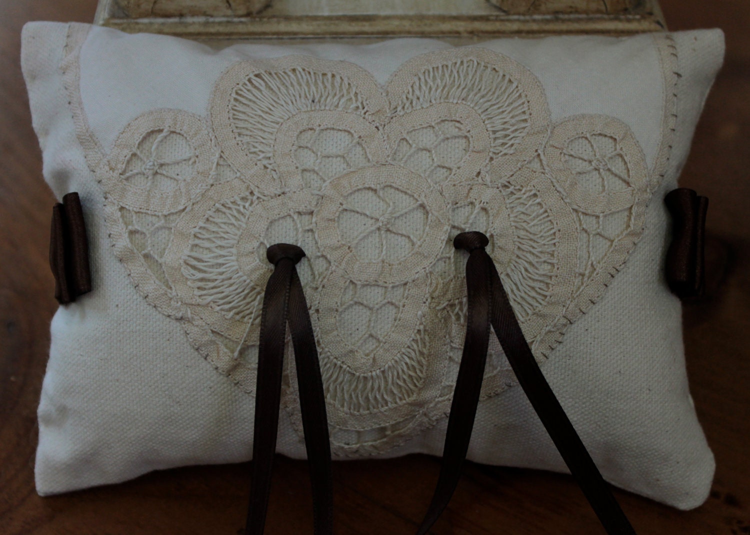 OOAK Ring Bearer Wedding Pillow Victorian Tatted Lace Brown Satin.