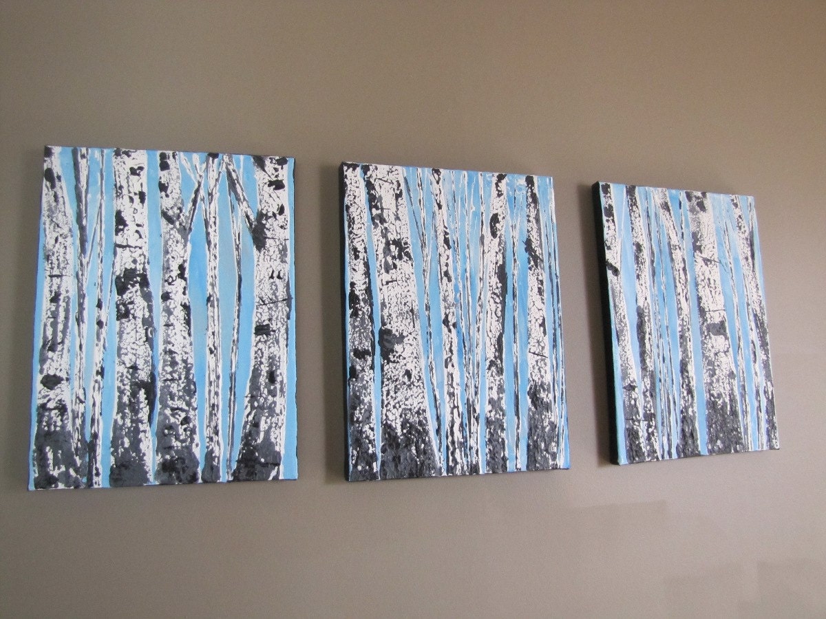 Commission, Wintery Blue and Silver Aspen Tree Textured Scene 16x36 Triptych