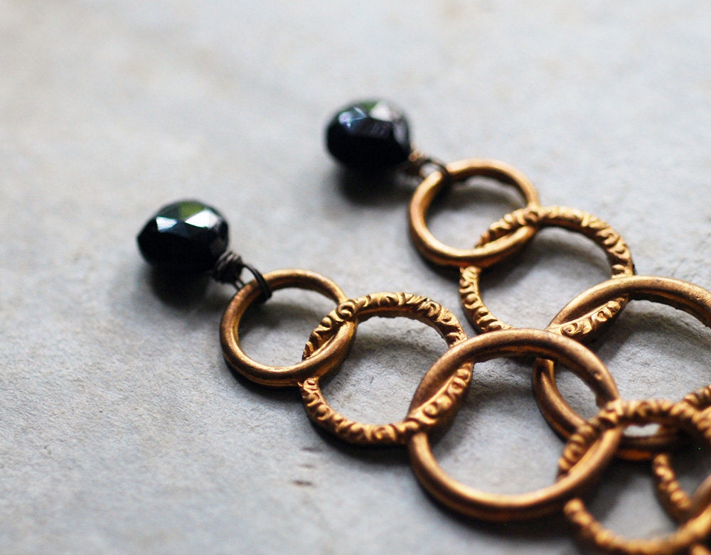 no. 69 - black spinel and brass link stamping earrings