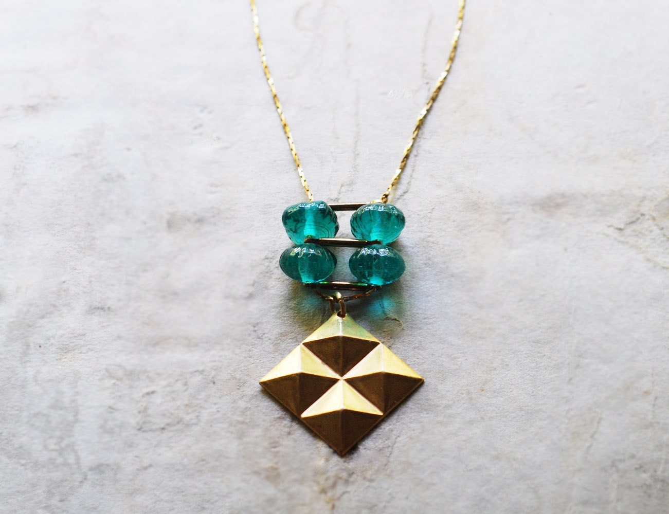 no. 106 - ooak vintage aqua glass and brass pyramid necklace
