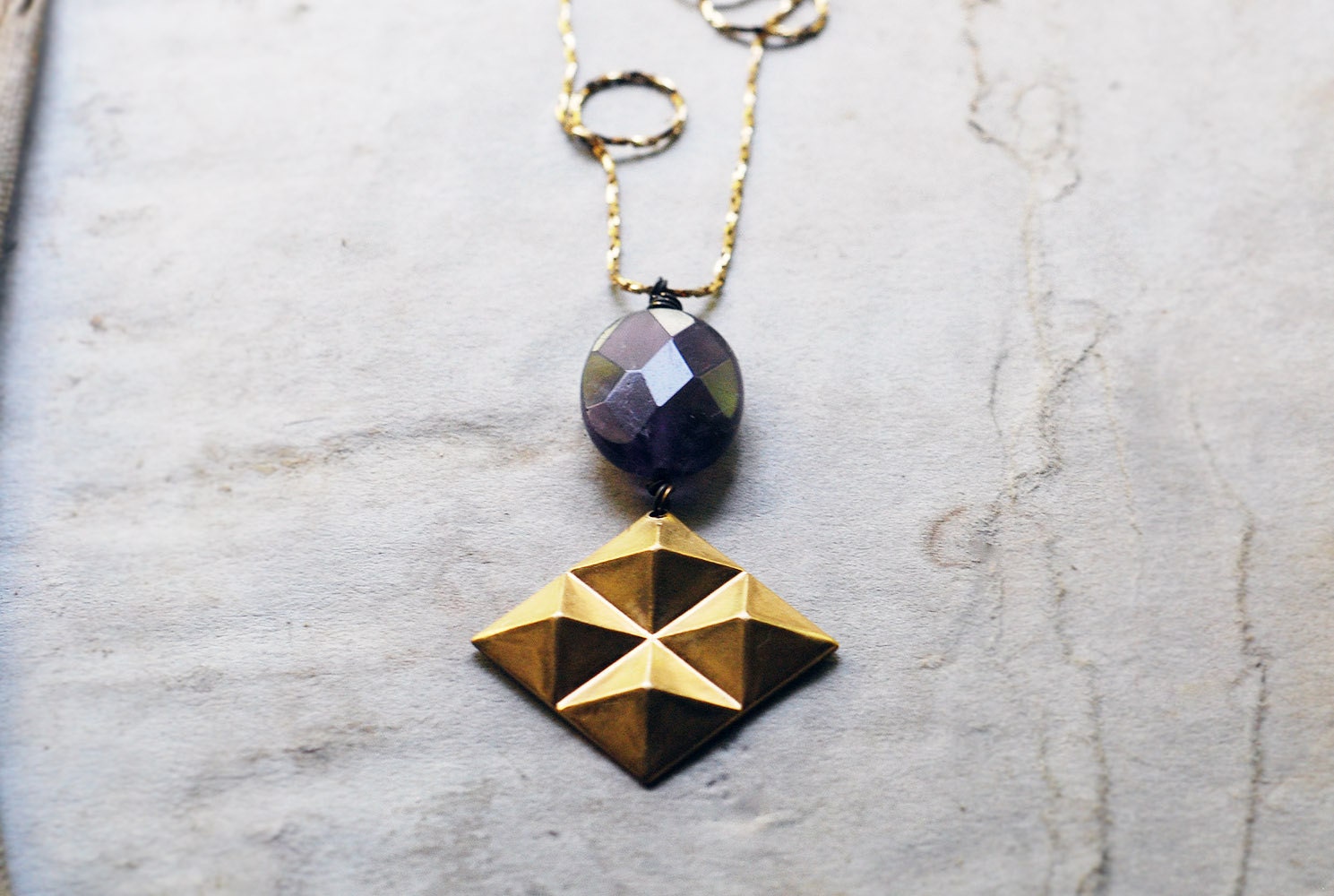 no. 107 - amethyst oval and vintage brass pyramid necklace