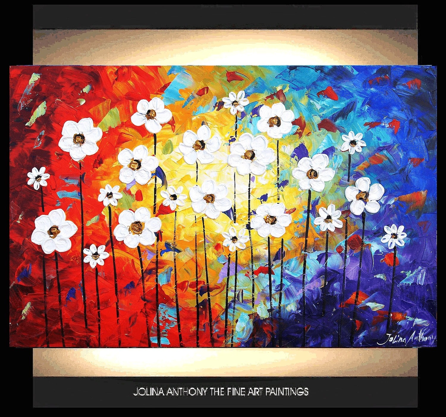 ORIGINAL abstract   white flowers palette knife impasto painting from  jolina anthony gallery back wrap stretched canvas