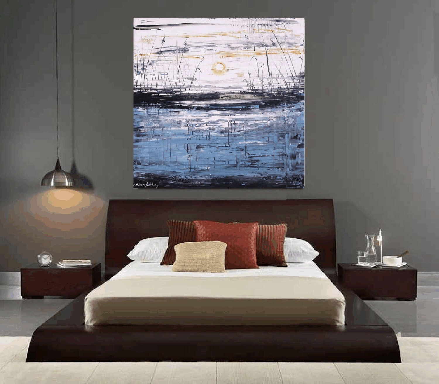 36" x 36"original gray,blue,creme abstract landscape painting from listed artist Jolina Anthony fast shipping