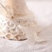 Vintage Wedding Cake Topper - Bride and Groom in Heart of Fabric Flowers