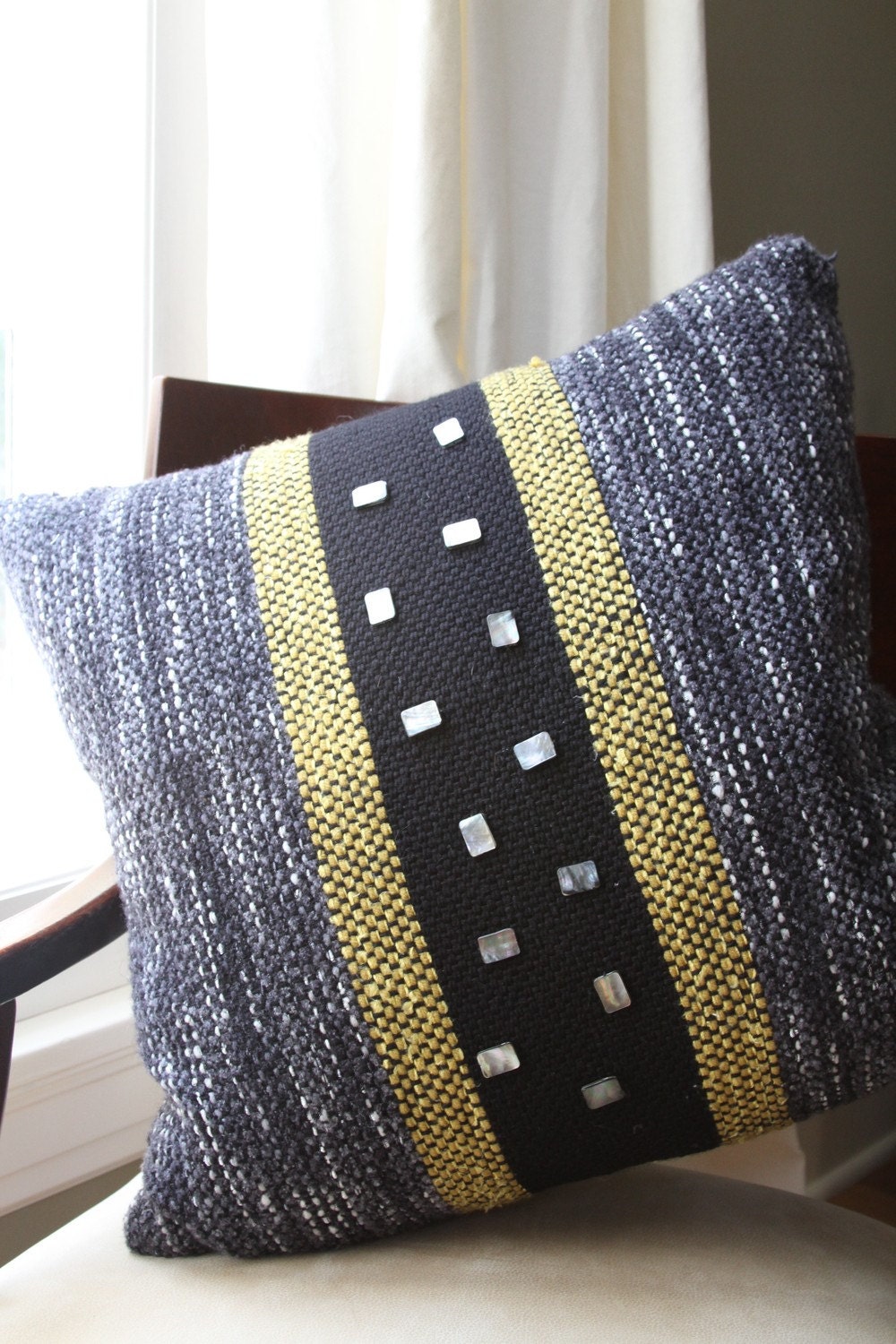 Decorative Throw Pillow Black yellow gold graphite grey large square pearl beads handwoven handmade michigan kate