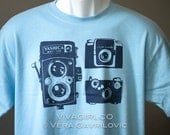 Screenprinted Vintage Camera Love  - Light Blue TShirt Size Medium - Men/Women
