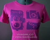 Vintage Camera Love - Bright Pink Screenprinted Tshirt - Size Medium Women