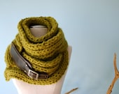SALE Handknit Scarf  alpaca olive green leather