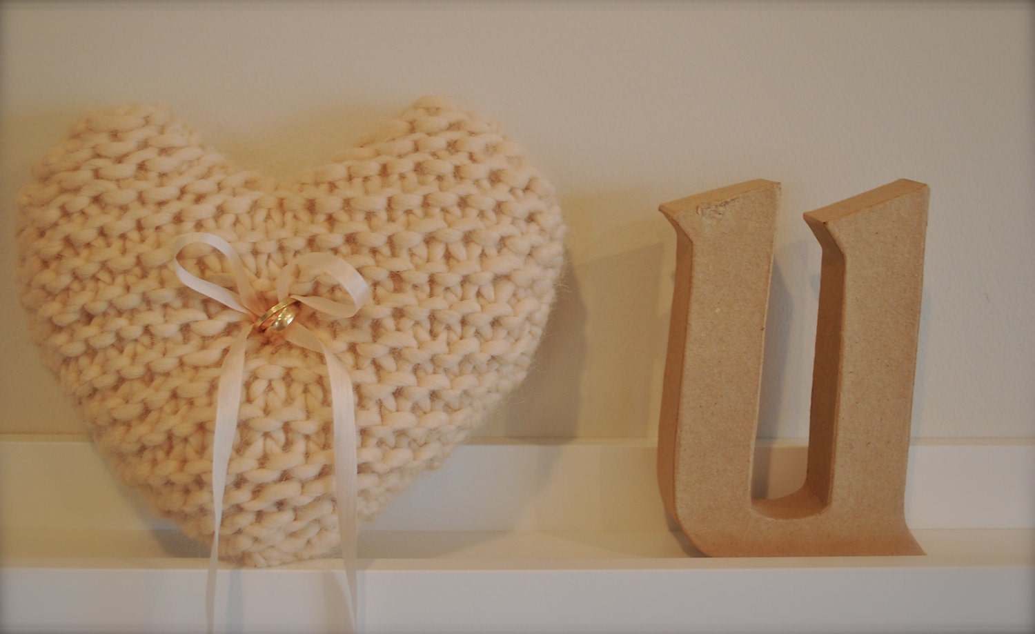 Wedding ring pillow, hand knit heart
