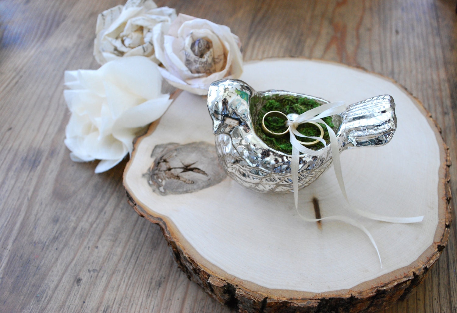 Ring bearer pillow birds nest, burlap, moss, silk ivory ribbon, mercury glass, rustic wedding decor