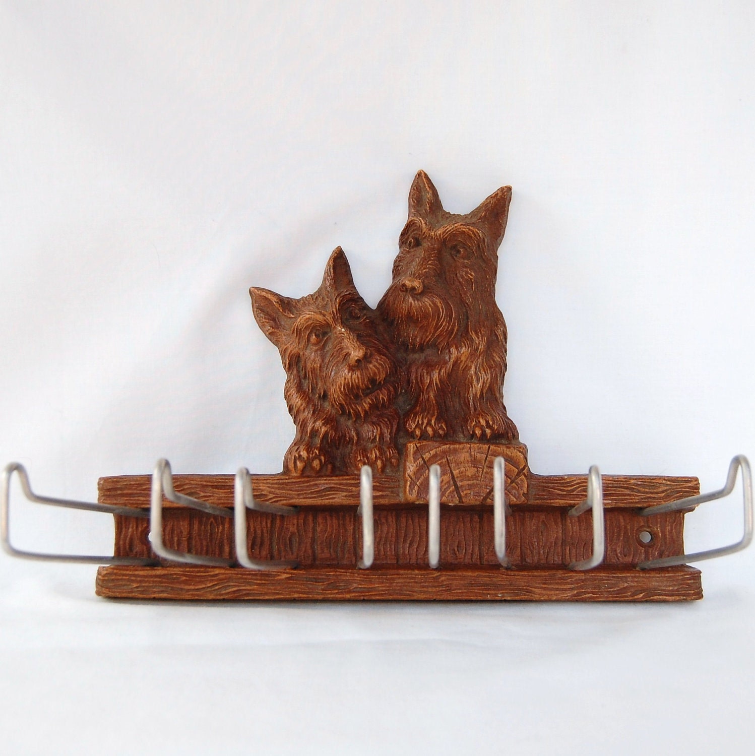 Vintage Tie Rack with Twin Scotties by Syroco Wood