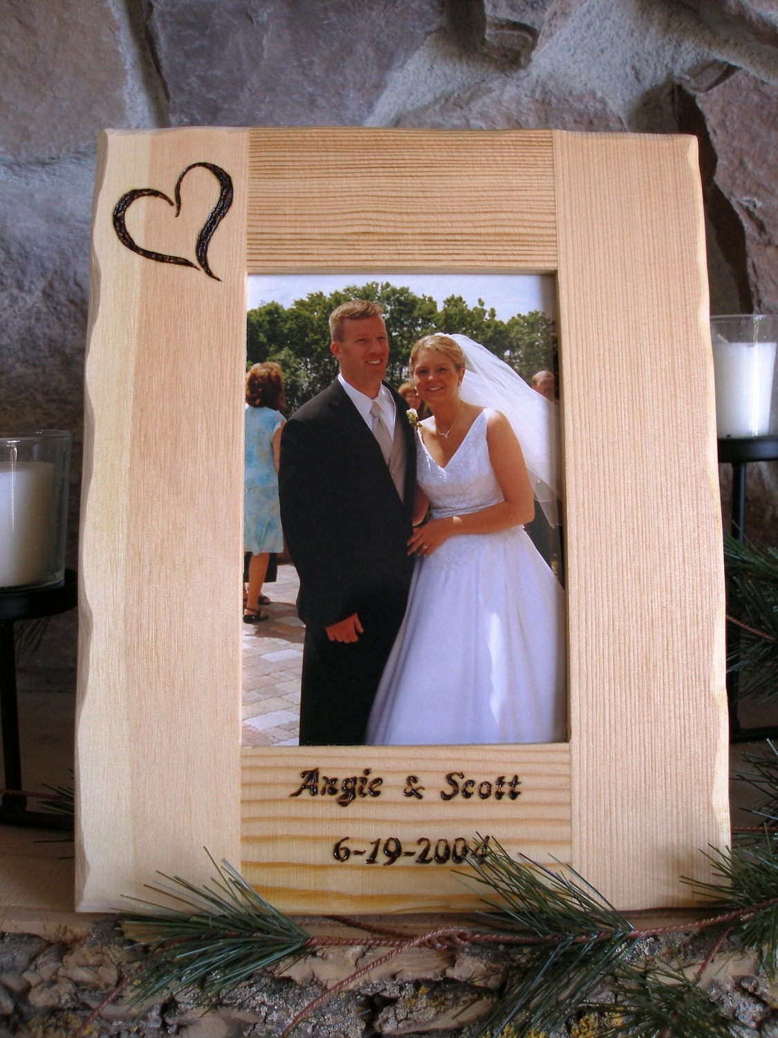 Rustic Personalized Wedding Photo Frame...Hand Burned....4" x 6" Photo Opening