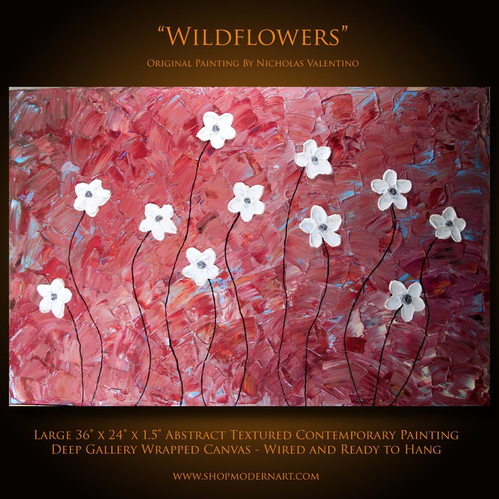 Original Modern Palette Knife Flower Painting on Canvas Impasto Textured 36" x 24" Deep Gallery Wrapped Wired & Ready to Hang Free Shipping