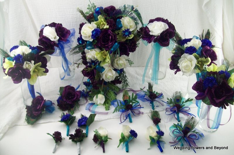 20 PieCe MaDe To oRDeR Royal Peacock Wedding Flower Package FeaTHeRS,TuLLe,RiBBoNS THiS oNe HaS iT aLL, Purple,Aqua, and Blue